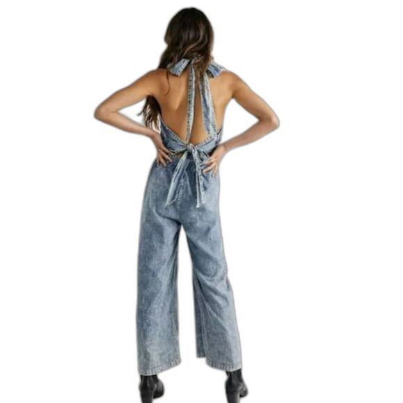 Free People C'est La Vie Convertible One Piece Jumpsuit Blue Pants Romper Medium - Picture 2 of 12